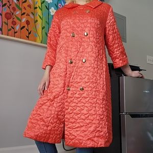 60's Vintage Hollywood Regency Bright Neon Salmon Orange Quilted Overcoat Sears